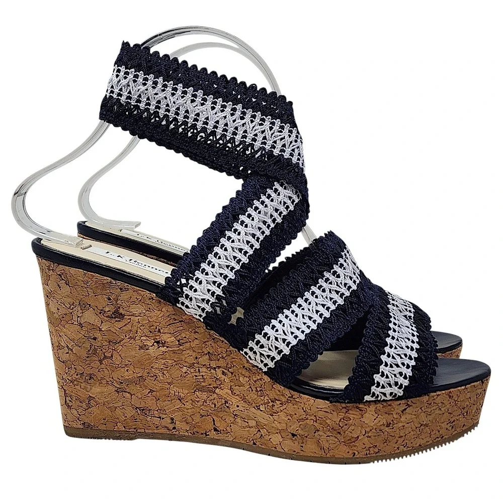 LK‎ Bennett Cork Wedge Sandals 38 7 Womens Navy Blue White Striped Crochet Spain